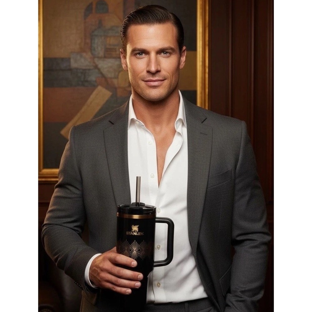 Stanley 40 Oz ( New In Box ) Tumbler Sleek Black & Gold Handle Straw Vehicle